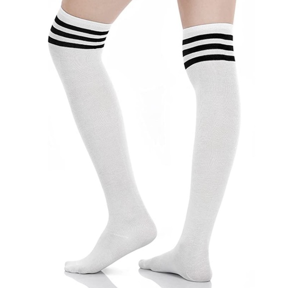 White Black Stripe Over the Knee Thigh High Socks - Picture 7 of 8
